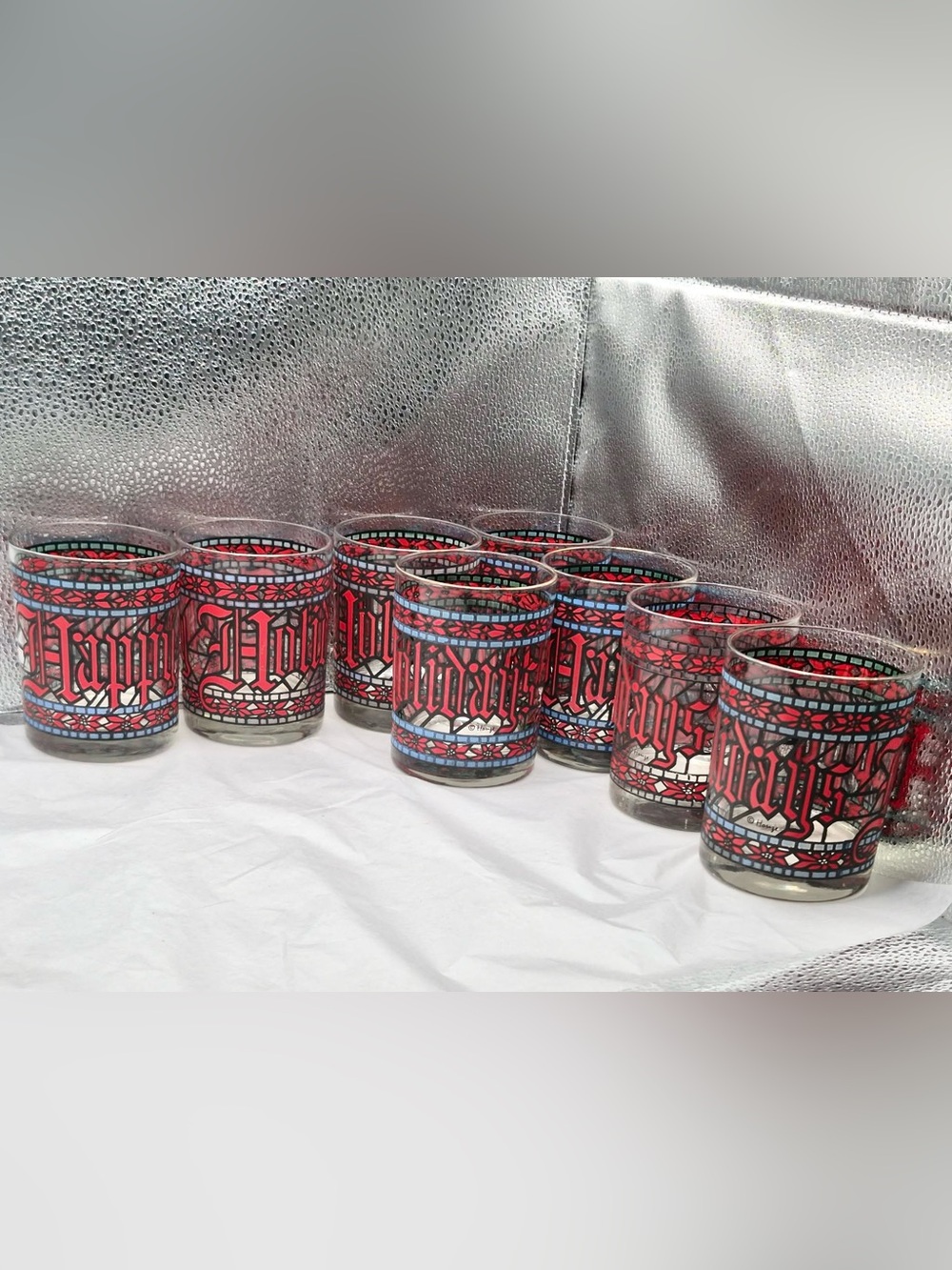 MCM Vintage Christmas Cocktail Glasses - Set 8 Stained Glass ‘Happy Holiday’